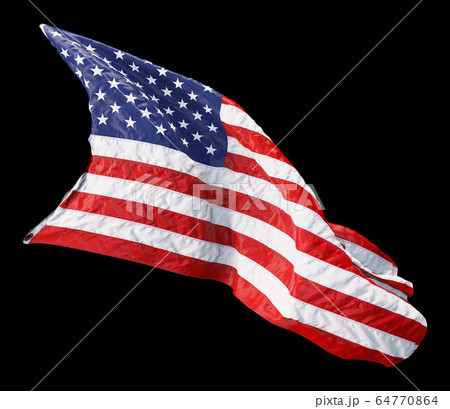 American flag waving in the wind isolated on black background. 3D 64770864