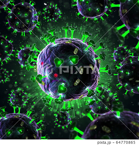 3d render of pathogenic virus organism or bacteria infecting and causing disease. Close up from microscope of coronavirus. 64770865