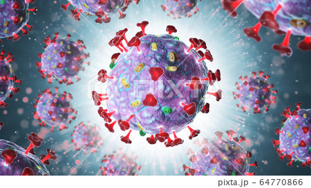 3d render of pathogenic virus organism or bacteria infecting and causing disease. Close up from microscope of coronavirus. 64770866