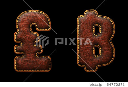 Set of symbols lira and baht made of leather. 3D render font with skin texture isolated on black background. 64770871