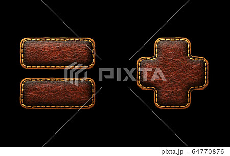 Set of symbols equals and plus made of leather. 3D render font with skin texture isolated on black background. Set of symbols equals and plus made of leather. 3D render font with skin texture isolated on black background. 64770876
