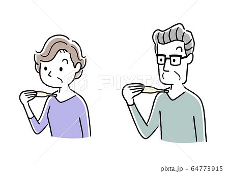 イラスト素材：体温計を使って体温を測るシニア男性とシニア女性、高齢者 64773915