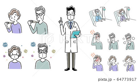 イラスト素材：新型コロナウイルスの症状、対策を説明する医師、高齢者、セット 64773917