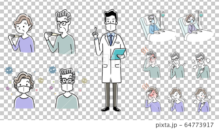 イラスト素材：新型コロナウイルスの症状、対策を説明する医師、高齢者、セット 64773917