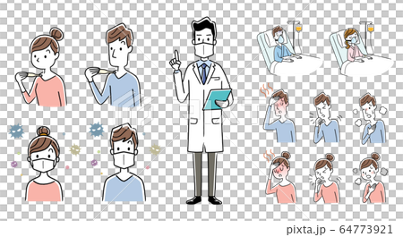 Stock illustration: new coronavirus symptoms, doctor explaining the measures, set 64773921
