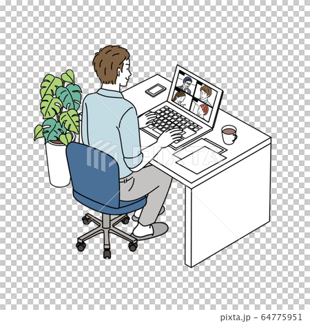 テレワーク　リモートワーク   オンライン会議　在宅勤務　イラスト 64775951
