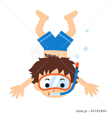 シュノーケルをつけて水に潜る男の子のイラスト素材