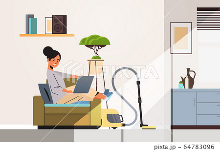 woman freelancer using laptop working at home during coronavirus quarantine self-isolation freelance 64783096