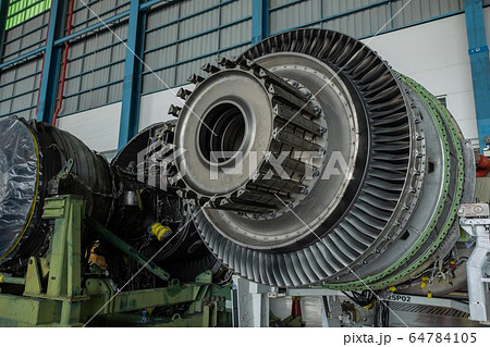 Gas turbine or a jet engine is a power plant of aircraft to fly in the air.Disassembly engine during repair and maintenance. 64784105