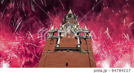 The Spasskaya Tower and fireworks in honor of Victory Day celebration (WWII), Red Square, Moscow, Russia The Spasskaya Tower and fireworks in honor of Victory Day celebration (WWII), Red Square, Moscow, Russia 64784217