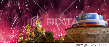 Temple of Basil the Blessed and fireworks in honor of Victory Day celebration (WWII), Moscow, Russia. 64784553