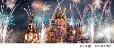 Cathedral of Intercession of Most Holy Theotokos on the Moat ( Temple of Basil the Blessed) and fireworks in honor of Victory Day celebration (WWII), Red Square, Moscow, Russia 64784762