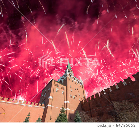 Troitskaya (Trinity) Tower and fireworks in honor of Victory Day celebration (WWII),  Moscow Kremlin, Russia 64785055