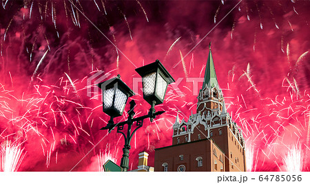 Troitskaya (Trinity) Tower and fireworks in honor of Victory Day celebration (WWII),  Moscow Kremlin, Russia 64785056