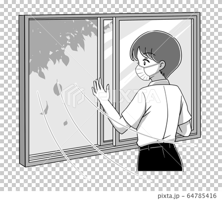 モノクロ 部屋を換気するイラスト2のイラスト素材