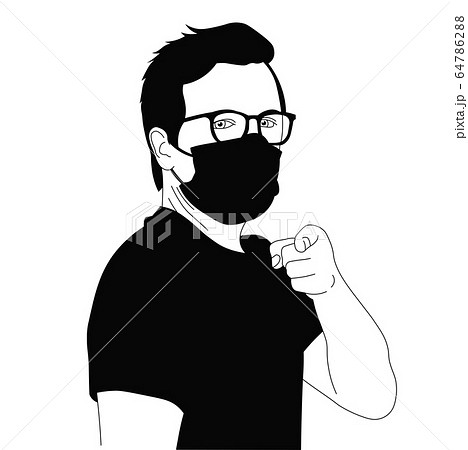 Vector portrait of man in medical mask pointing at 64786288