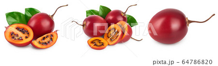 Fresh tamarillo fruit with leaves isolated on white background, Set or collection 64786820