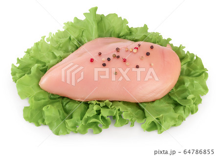 Fresh chicken fillet with lettuce isolated on white background with clipping path and full depth of field. Fresh chicken fillet with lettuce isolated on white background with clipping path and full depth of field. 64786855