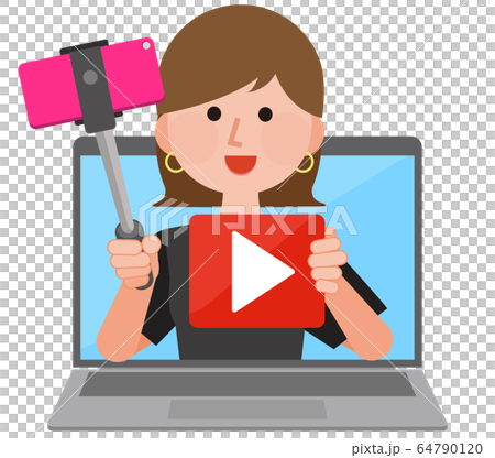 ユーチューバー 動画配信者 女性 パソコン イラストのイラスト素材