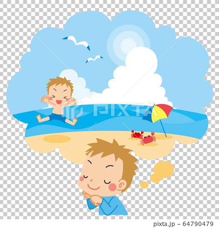 夏休みの旅行で海水浴へ行くのを楽しみにしている男の子のイラスト素材
