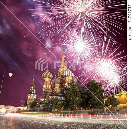 Fireworks over the Cathedral of Intercession of Most Holy Theotokos on the Moat ( Temple of Basil the Blessed), Red Square, Moscow, Russia 64791757