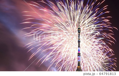 Television (Ostankino) tower at Night and holiday fireworks, Moscow, Russia 64791813