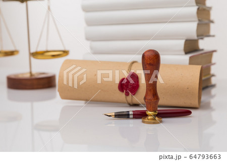 Notary's public pen and stamp on testament and last will. Notary public tools 64793663