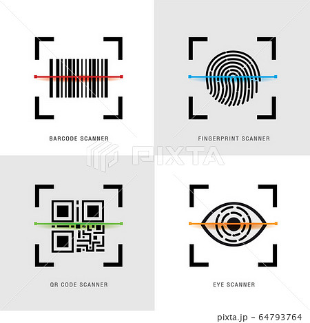 Set of Scanner Element Icon, QR Code, Barcode, Fingerprint and eye Scanner. Black Flat Design for website or application on Mobile Phone. Vector illustration  64793764