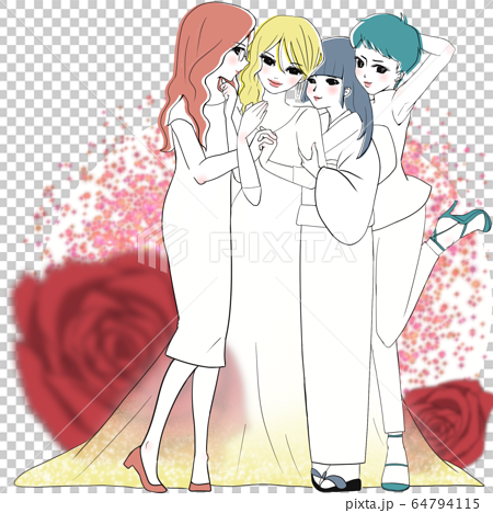 美しい四人の女性と薔薇ドレスのイラスト素材