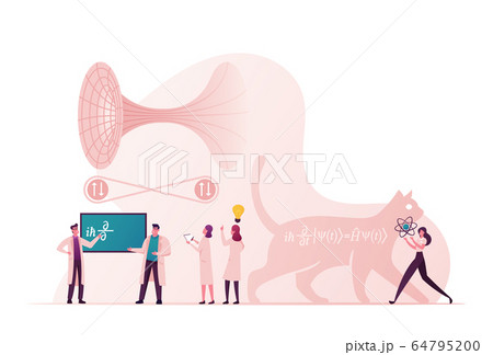 Scientific Concept with Tiny Scientists Characters Solve Fundamental Quantum Mechanics Formulas, Cat of Schrodinger Equation, Quantum Field Theory and Tunneling. Cartoon People Vector Illustration Scientific Concept with Tiny Scientists Characters Solve Fundamental Quantum Mechanics Formulas, Cat of Schrodinger Equation, Quantum Field Theory and Tunneling. Cartoon People Vector Illustration 64795200
