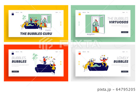 Parents and Kids Playing, Blowing Soap Bubbles Landing Page Template Set. .Happy Family Characters at Covid19 Quarantine Isolation. Mom, Dad Dog and Children Mess. Linear People Vector Illustration 64795205