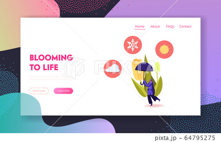 Cold and Freezing Spring Weather Landing Page Template. Tiny Female Character Carry Huge Umbrella, Cloud and Sun at Blooming Tulip Flower and Low Temperature Outside. Cartoon Vector Illustration 64795275