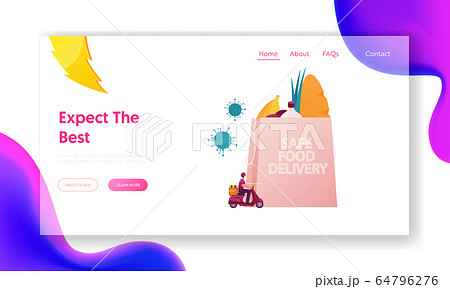 Safe Food Delivery Landing Page Template. Courier Character Delivering Grocery Order to Home of Customer During Coronavirus Pandemic Use Scooter, Express Service. Cartoon People Vector Illustration Safe Food Delivery Landing Page Template. Courier Character Delivering Grocery Order to Home of Customer During Coronavirus Pandemic Use Scooter, Express Service. Cartoon People Vector Illustration 64796276