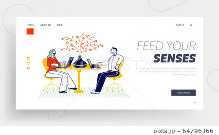 Aromatherapy Landing Page Template. Couple of Colleague Characters Sitting in Office or Coworking Area Working on Laptops with Aroma Oil Diffuser Lamp Stand on Table. Linear People Vector Illustration 64796366
