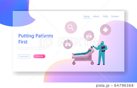 Mechanical Lungs Ventilation at Covid19 Pandemic Landing Page Template. Male Character Lying in Clinic Chamber in Hospital, Doctor in Suit Stand near Patient Bed. Cartoon People Vector Illustration 64796368