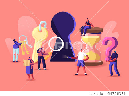 Tiny Male and Female Characters Paying Quest Game Solving Puzzle During Riddle. Escape Room Concept, Friends Company Adventure, Recreation. People with Keys and Hourglass. Cartoon Vector Illustration 64796371