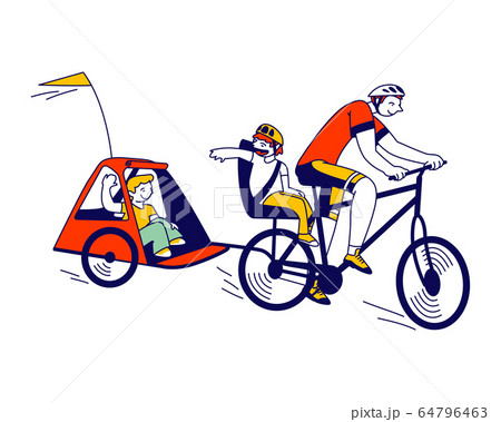 Young Father and Little Children Characters Riding Bicycle with Trailer. Elder Boy Sitting on Trunk. Happy Family Spare Time Walking in Park and Sport Recreation. Linear People Vector Illustration Young Father and Little Children Characters Riding Bicycle with Trailer. Elder Boy Sitting on Trunk. Happy Family Spare Time Walking in Park and Sport Recreation. Linear People Vector Illustration 64796463