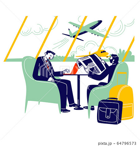 Couple of Businessmen Characters Sitting at Airport Business Lounge Wait for Flight. Men Sitting on Armchairs in Waiting Area Working on Laptop, Reading Newspaper. Linear People Vector Illustration Couple of Businessmen Characters Sitting at Airport Business Lounge Wait for Flight. Men Sitting on Armchairs in Waiting Area Working on Laptop, Reading Newspaper. Linear People Vector Illustration 64796573