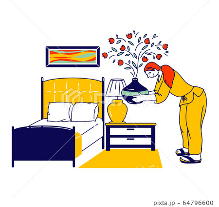 Female Character Put Aroma Oil Diffuser Lamp on Nightstand in Bedroom for Good Sleep and Relaxation at Home or Hotel. Aroma Therapy Recreation, Wellbeing, Health Concept. Linear Vector Illustration Female Character Put Aroma Oil Diffuser Lamp on Nightstand in Bedroom for Good Sleep and Relaxation at Home or Hotel. Aroma Therapy Recreation, Wellbeing, Health Concept. Linear Vector Illustration 64796600