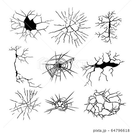 Set of Cracks Isolated on White Background. Break and Destroy Elements on Wall, Glass, Mirror or Ground Surface. Earthquake, Bullet Hole, Monochrome Grunge Texture for Design. Vector Illustration Set of Cracks Isolated on White Background. Break and Destroy Elements on Wall, Glass, Mirror or Ground Surface. Earthquake, Bullet Hole, Monochrome Grunge Texture for Design. Vector Illustration 64796618