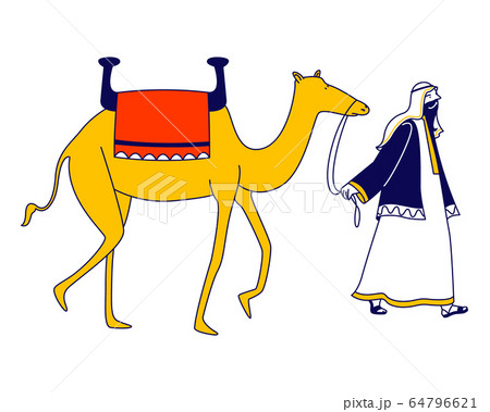 Male Character Wearing Arabic Dressing Leading Camel Isolated on White Background. Personage of Arabian Fairytale, Drover or Bedouin Crossing Desert, Storytelling Concept. Linear Vector Illustration 64796621
