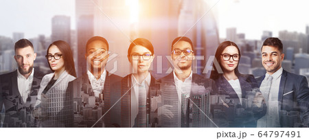 Corporate life in big city. Double exposure with team of business people and metropolis at sunrise, collage. Panorama 64797491