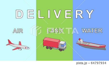 Delivery service and logistics. Illustration with different kinds of transportation on color background. Panorama Delivery service and logistics. Illustration with different kinds of transportation on color background. Panorama 64797934