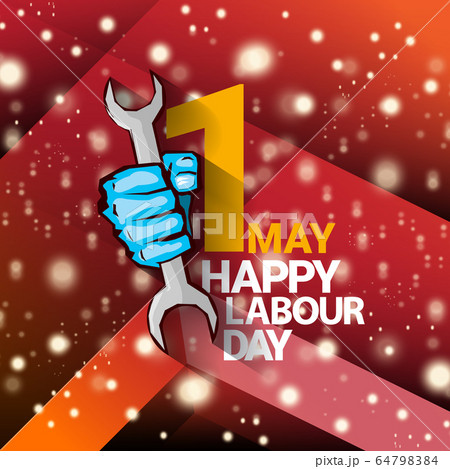 1 may Happy labour day vector label with strong protest fist isolated on red background with rays. vector happy labor day background or banner with man hand. workers may day poster 64798384