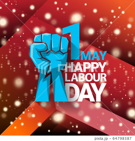 1 may Happy labour day vector label with strong protest fist isolated on red background with rays. vector happy labor day background or banner with man hand. workers may day poster 64798387