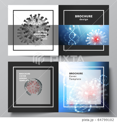 Vector layout of two cover templates for square bifold brochure, flyer, cover design, book design, brochure cover. 3d medical background of corona virus. Covid 19, coronavirus infection. Virus concept Vector layout of two cover templates for square bifold brochure, flyer, cover design, book design, brochure cover. 3d medical background of corona virus. Covid 19, coronavirus infection. Virus concept 64799102