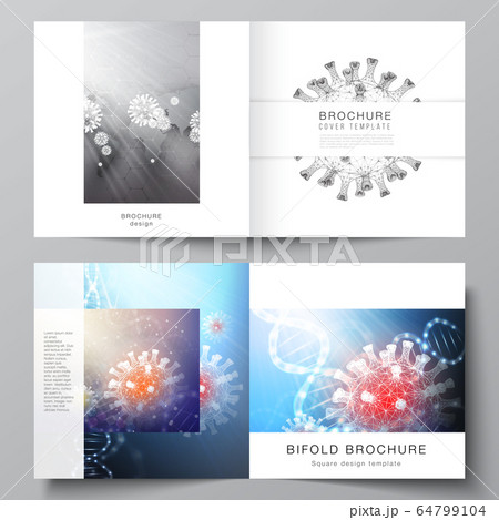 Vector layout of two cover templates for square bifold brochure, flyer, cover design, book design, brochure cover. 3d medical background of corona virus. Covid 19, coronavirus infection. Virus concept Vector layout of two cover templates for square bifold brochure, flyer, cover design, book design, brochure cover. 3d medical background of corona virus. Covid 19, coronavirus infection. Virus concept 64799104