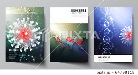 Vector layout of A4 cover mockups templates for brochure, flyer layout, booklet, cover design, book design. 3d medical background of corona virus. Covid 19, coronavirus infection. Virus concept. 64799119
