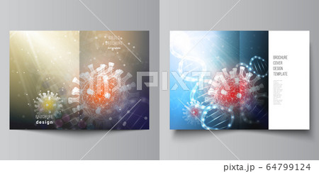 Vector layout of two A4 cover mockups templates for bifold brochure, flyer, magazine, cover design, book design. 3d medical background of corona virus. Covid 19, coronavirus infection. Virus concept. 64799124