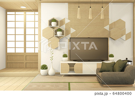 Tv cabinet in tropical empty room Japanese - zen Tv cabinet in tropical empty room Japanese - zen 64800400